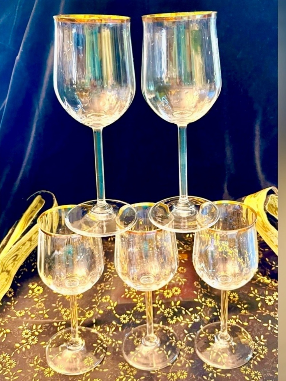 VTG Elegant Crystal Gold Rimmed Stemware Wine Glasses Goblets Formal Set of 5